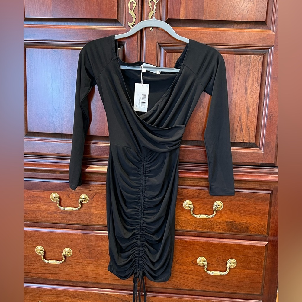 Chic Black Ruched Long Sleeve Dress